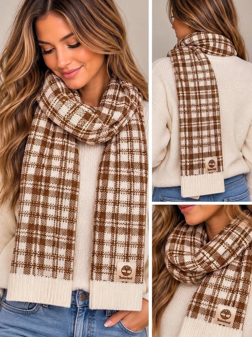 Timberland Plaid Knit Scarf Brown & Cream